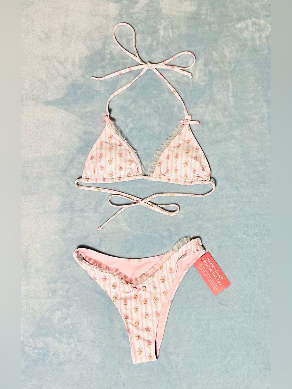 Pink White Floral Striped Ruffle Bikini Swimsuit Set Size: S